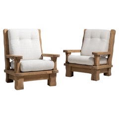 Brutalist Armchair in Cream Wood and Fabric, French Design, 1970s
