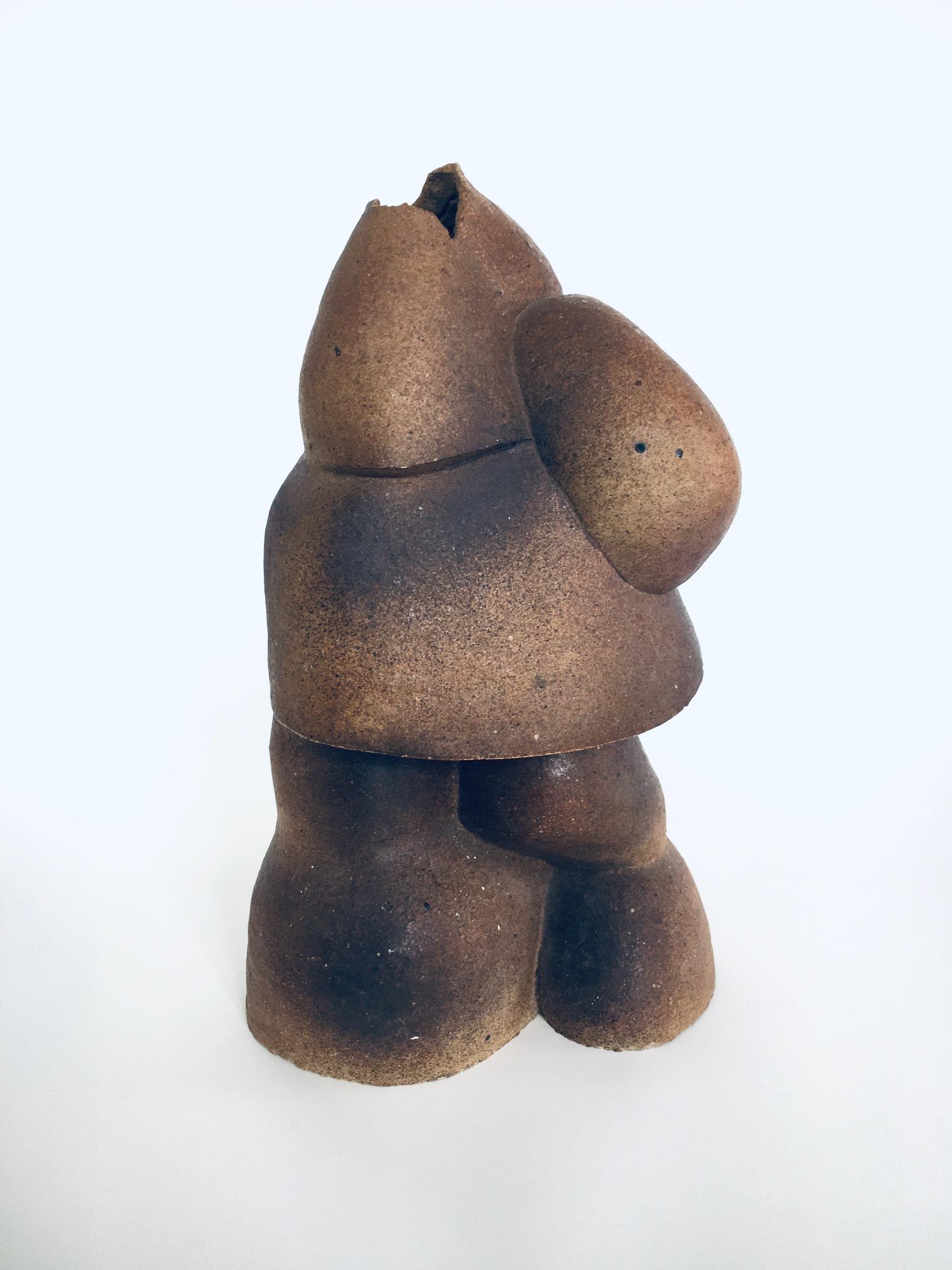 Vintage Brutalist Art Ceramic Studio Pottery Sculpture by Marie Rose Van De Putte. Made in Belgium, 1975. Signed on the bottom. Figurative abstract brutalist designed sculpture in brown matt sprayed glazes. A rare collectible art piece. This comes