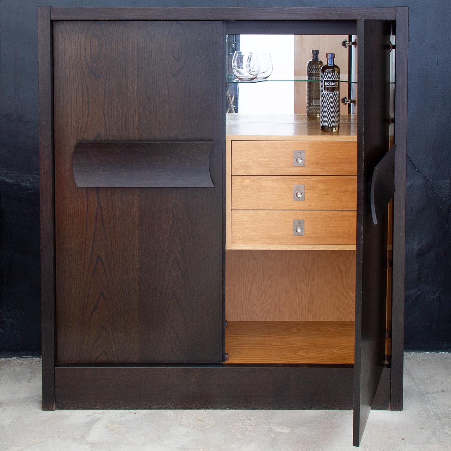 Hand-Crafted Brutalist Art Deco Bar Cabinet Refinished in Dark Brown Stained Oak