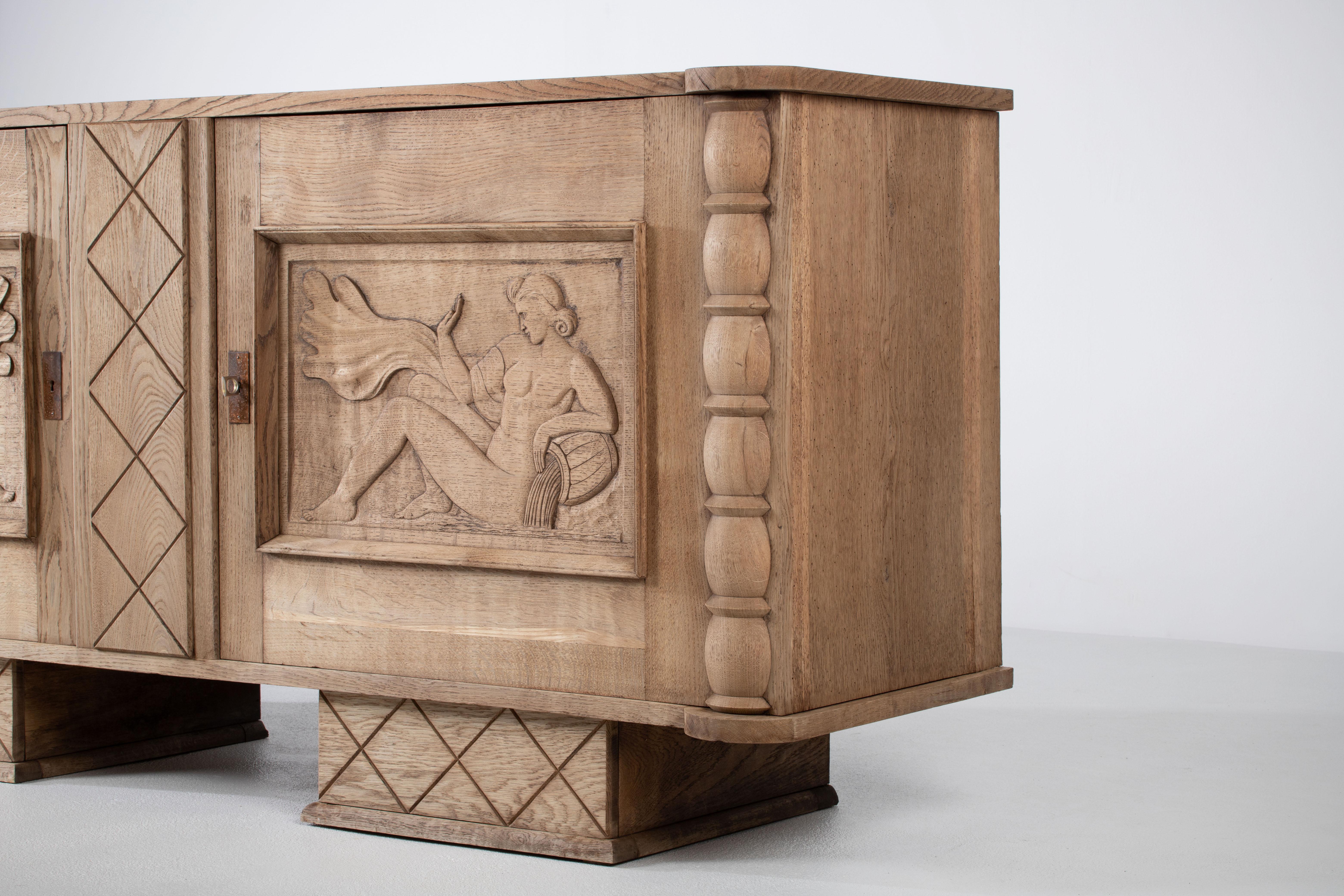 Oak Brutalist Art Deco Credenza, France, 1940s