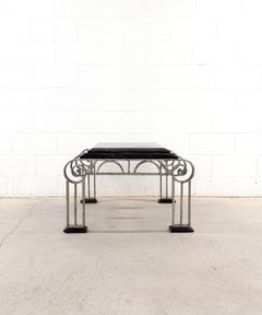 Brutalist Art Deco Style Arched Wrought Iron and Marble Coffe and Side Table