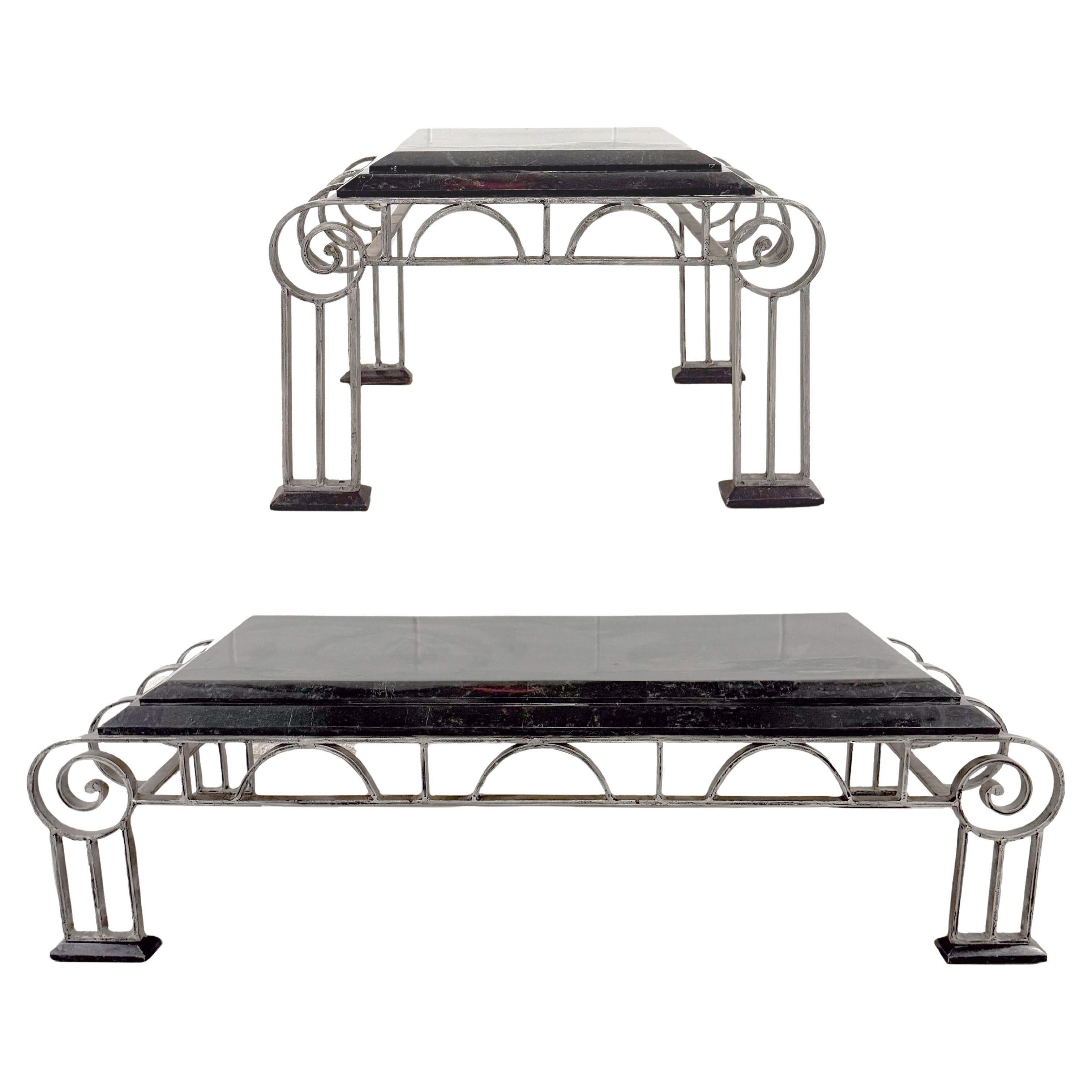 Brutalist Art Deco Style Arched Wrought Iron and Marble Coffe and Side Table en vente