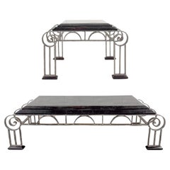 Brutalist Art Deco Style Arched Wrought Iron and Marble Coffe and Side Table