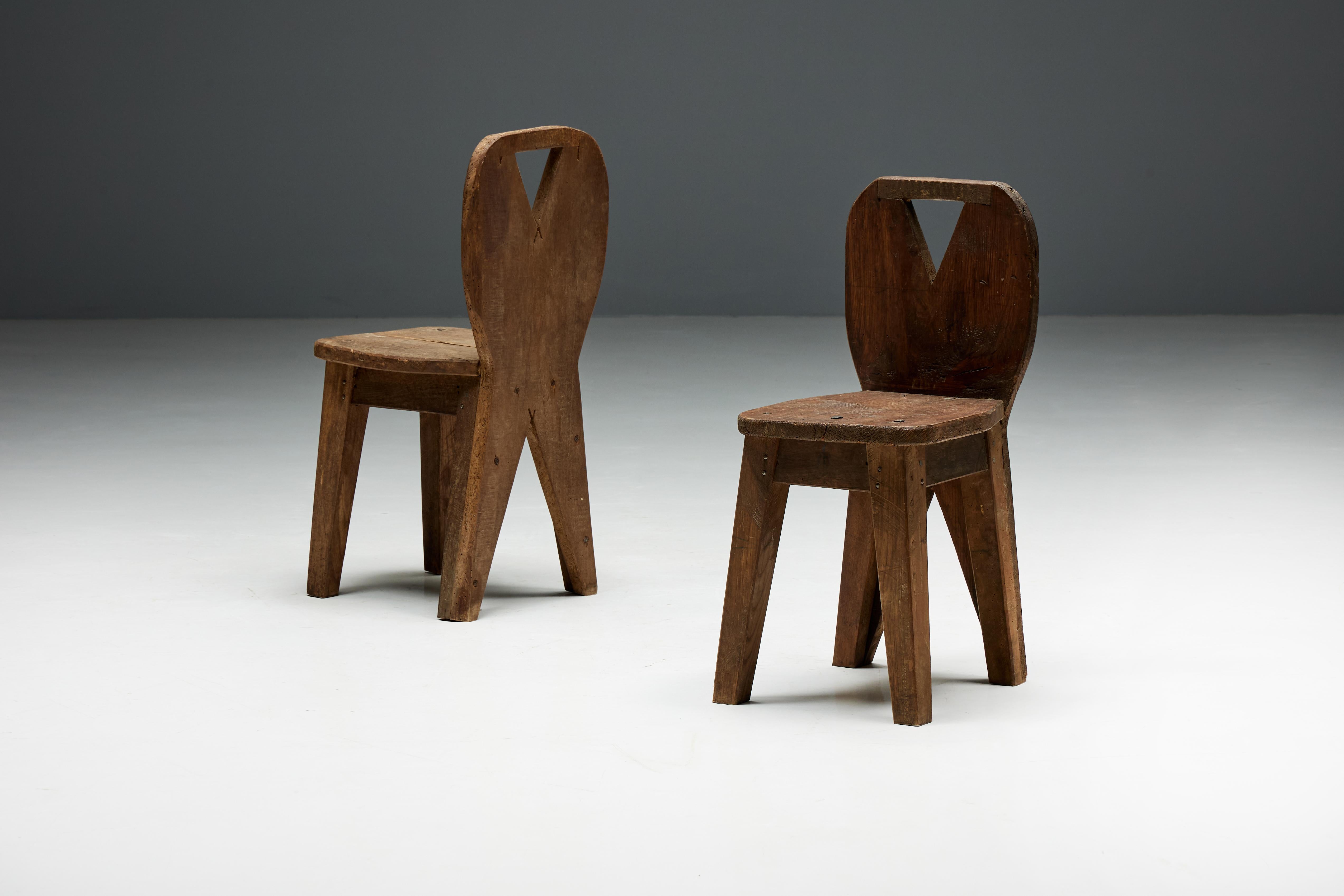 Wood Brutalist Art Populaire Mountain Chairs, France, 1950s For Sale