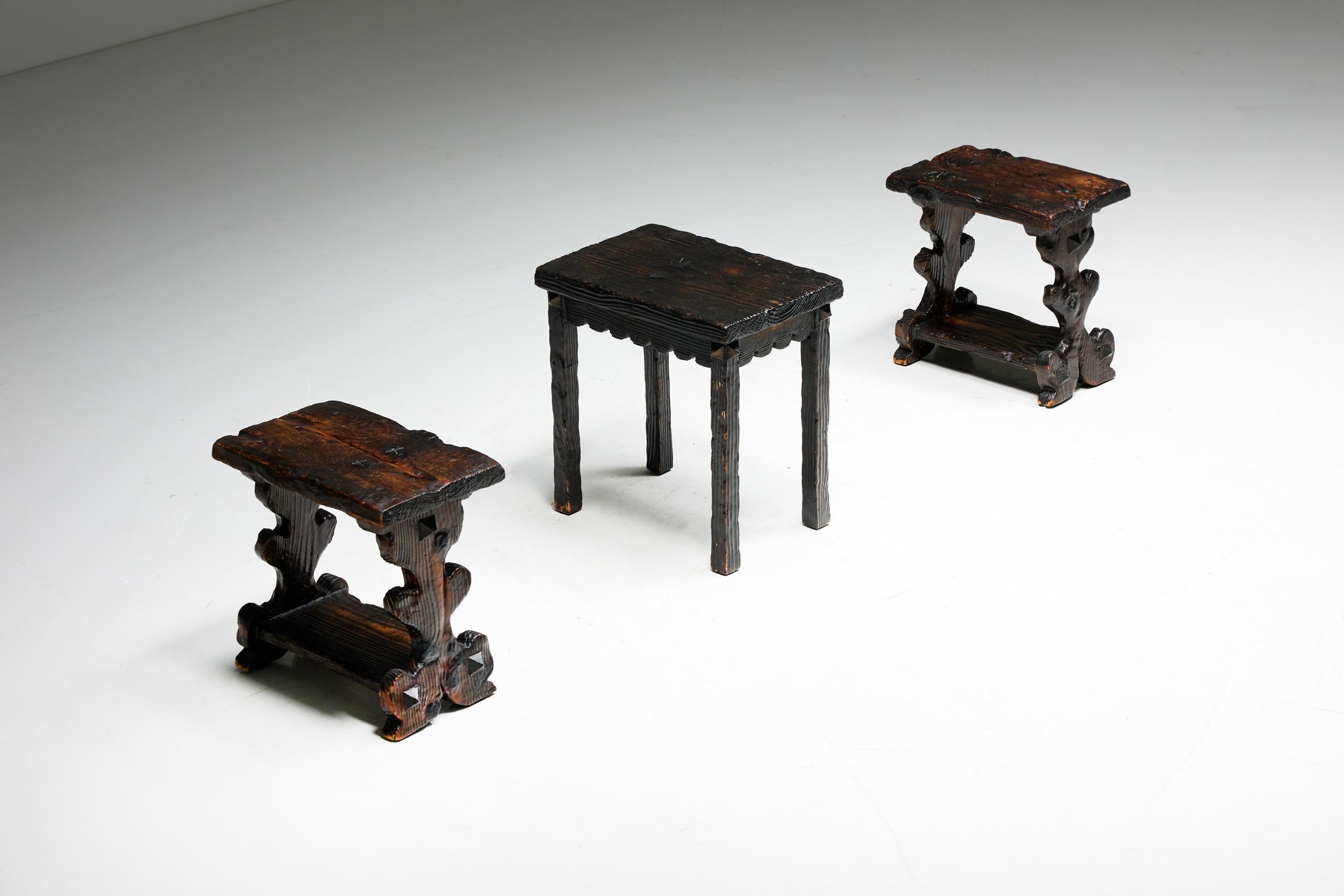 Brutalist Design; Dark Solid Wood; Monoxylite; Folk Art; Travail Populaire; Art Populaire; Wabi Sabi; Stools; Mid-Century; 1950s; France;

Brutalist stools, beautiful handmade pieces that date back to the 1950s. The rich, dark legs of solid wood are