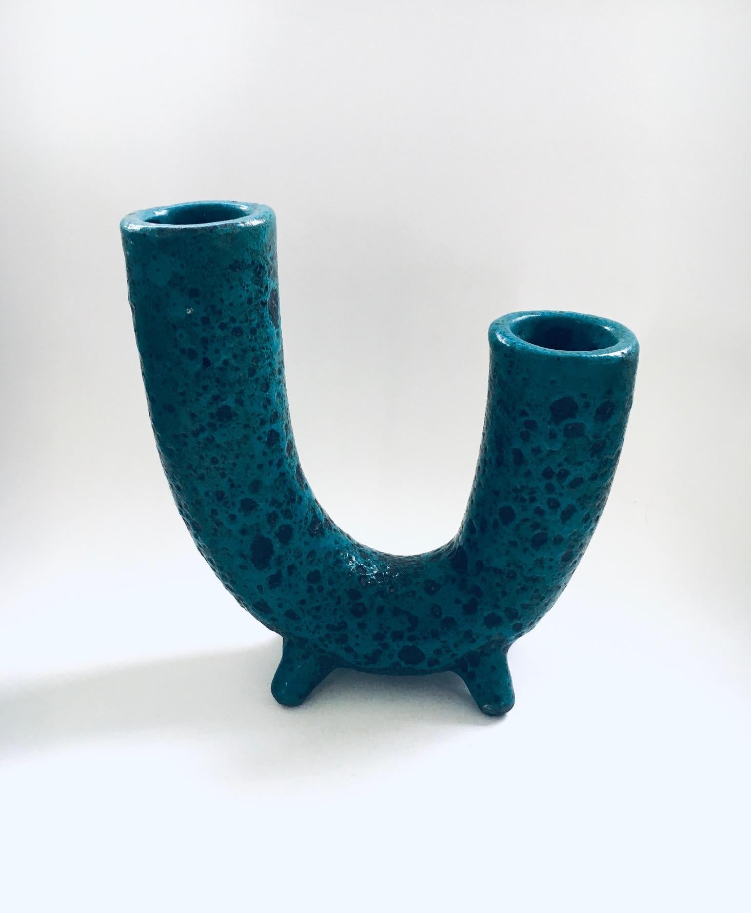 Belgian Brutalist Art Pottery Studio Fat Lava Horn Spout Vase, Belgium 1960's For Sale