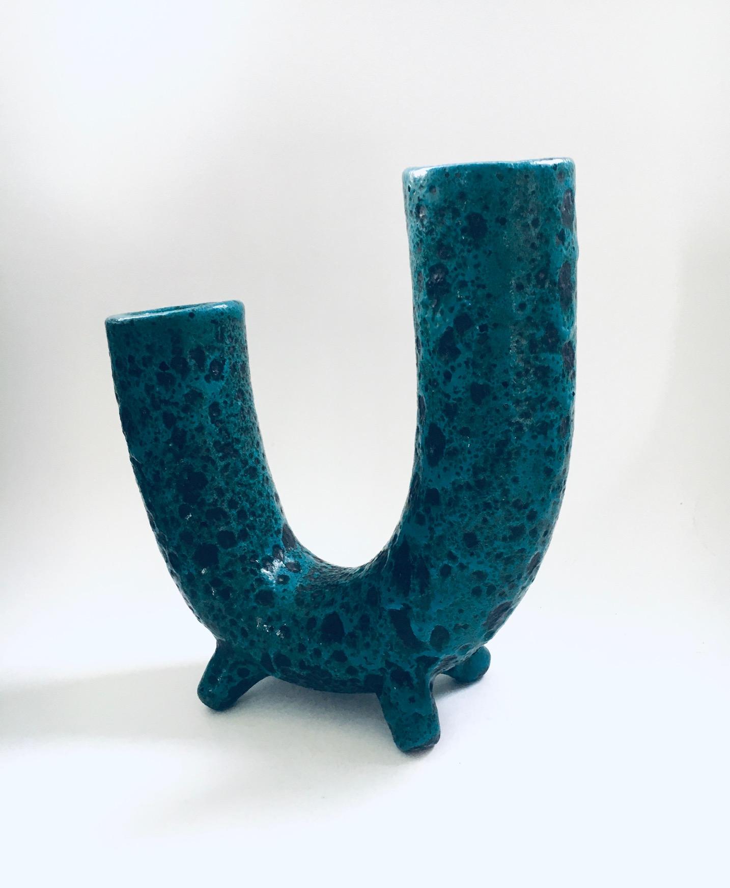 Mid-20th Century Brutalist Art Pottery Studio Fat Lava Horn Spout Vase, Belgium 1960's For Sale