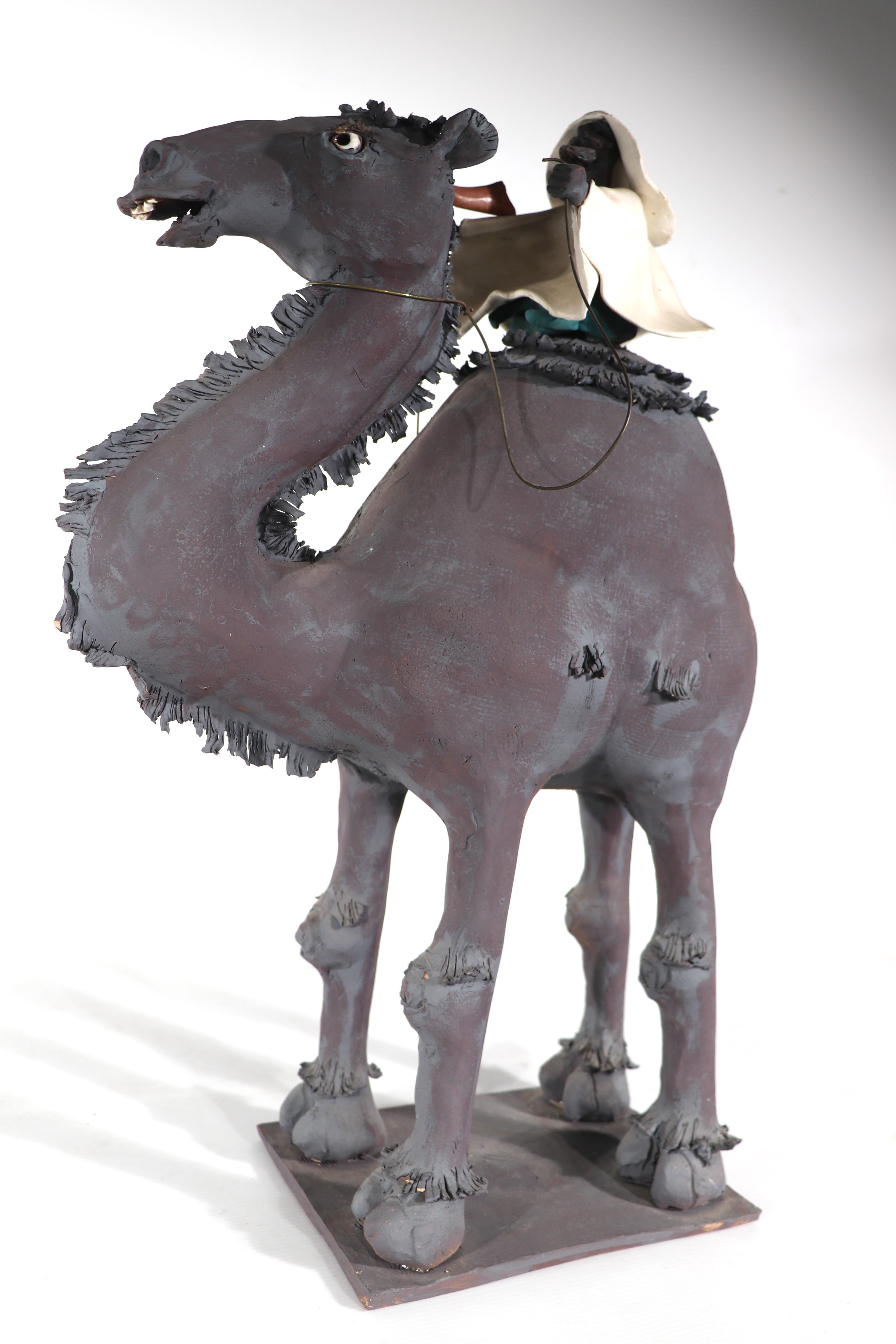 20th Century Brutalist Art Pottery Studio  Sculpture Man with Gun Riding a Camel signed  For Sale