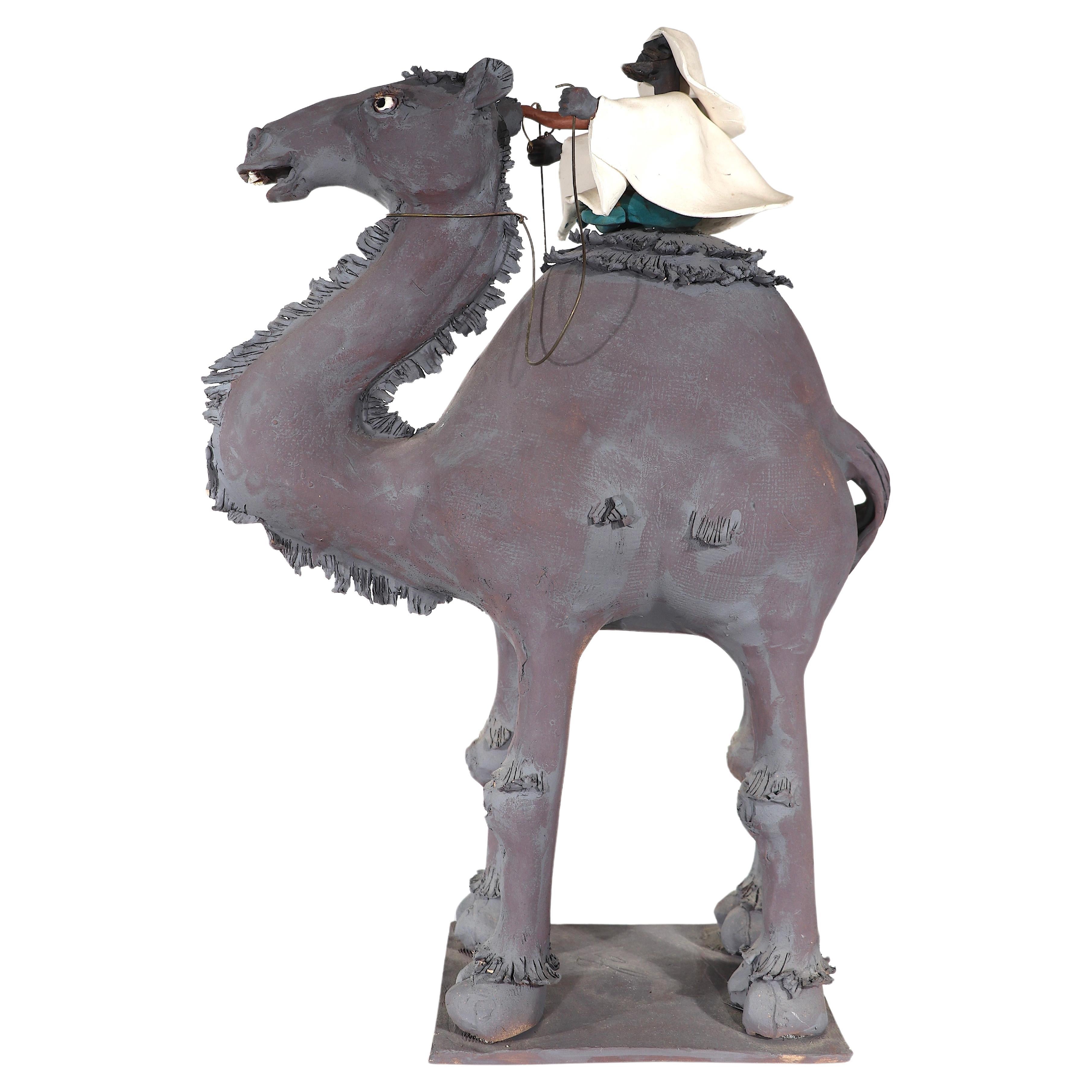 Brutalist Art Pottery Studio  Sculpture Man with Gun Riding a Camel signed  For Sale