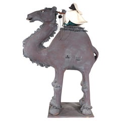 Vintage Brutalist Art Pottery Studio  Sculpture Man with Gun Riding a Camel signed 