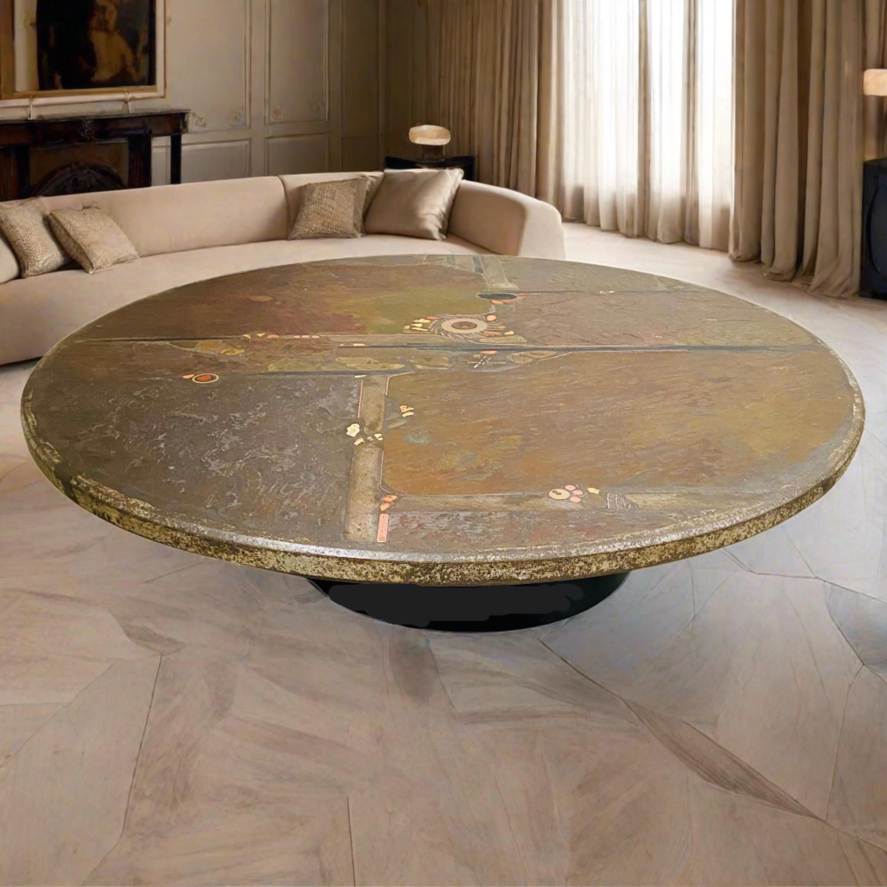 Inlay Brutalist Art Stone Round Coffee Table by Sculptor Paul Kingma Netherlands, 1985 For Sale