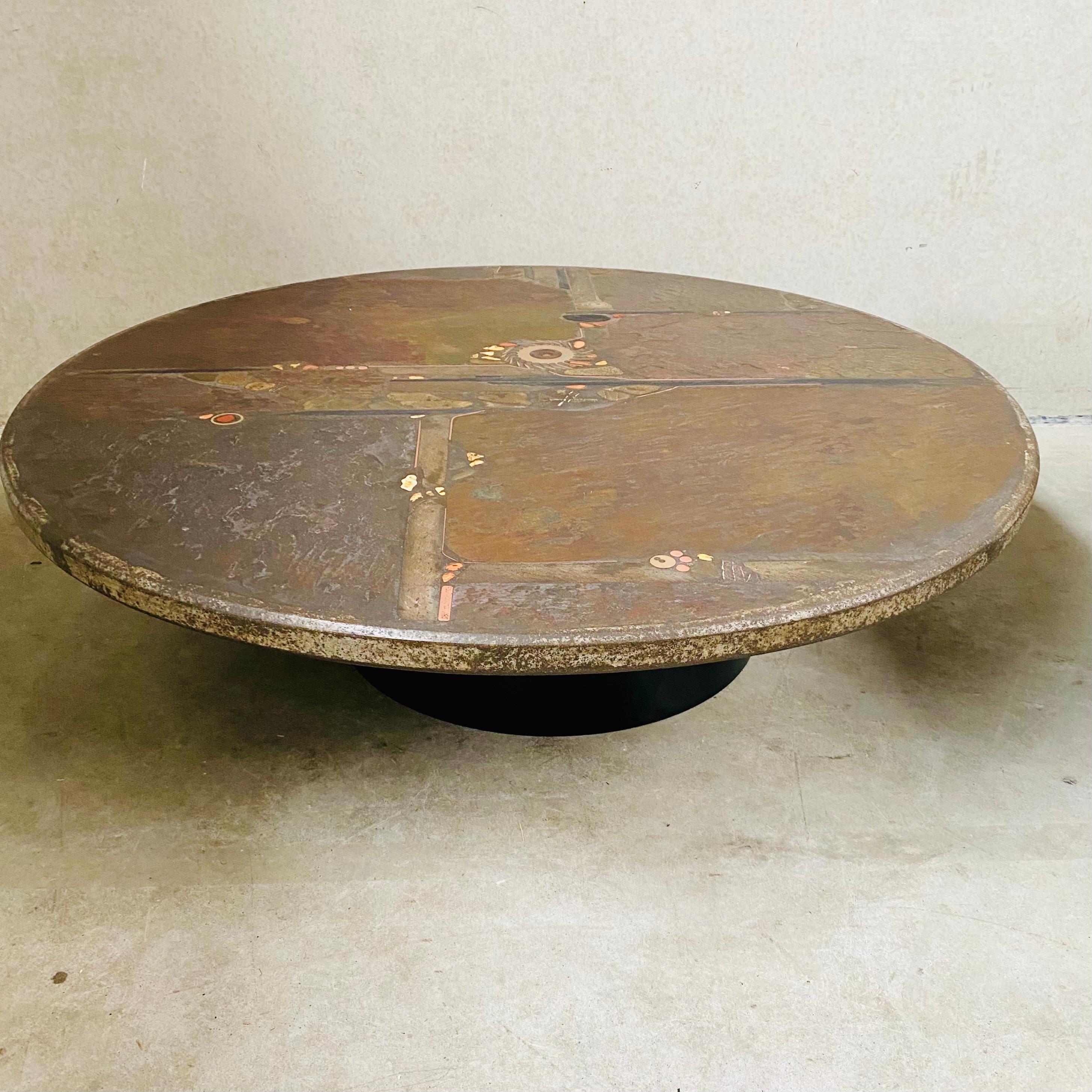 Metal Brutalist Art Stone Round Coffee Table by Sculptor Paul Kingma Netherlands, 1985 For Sale