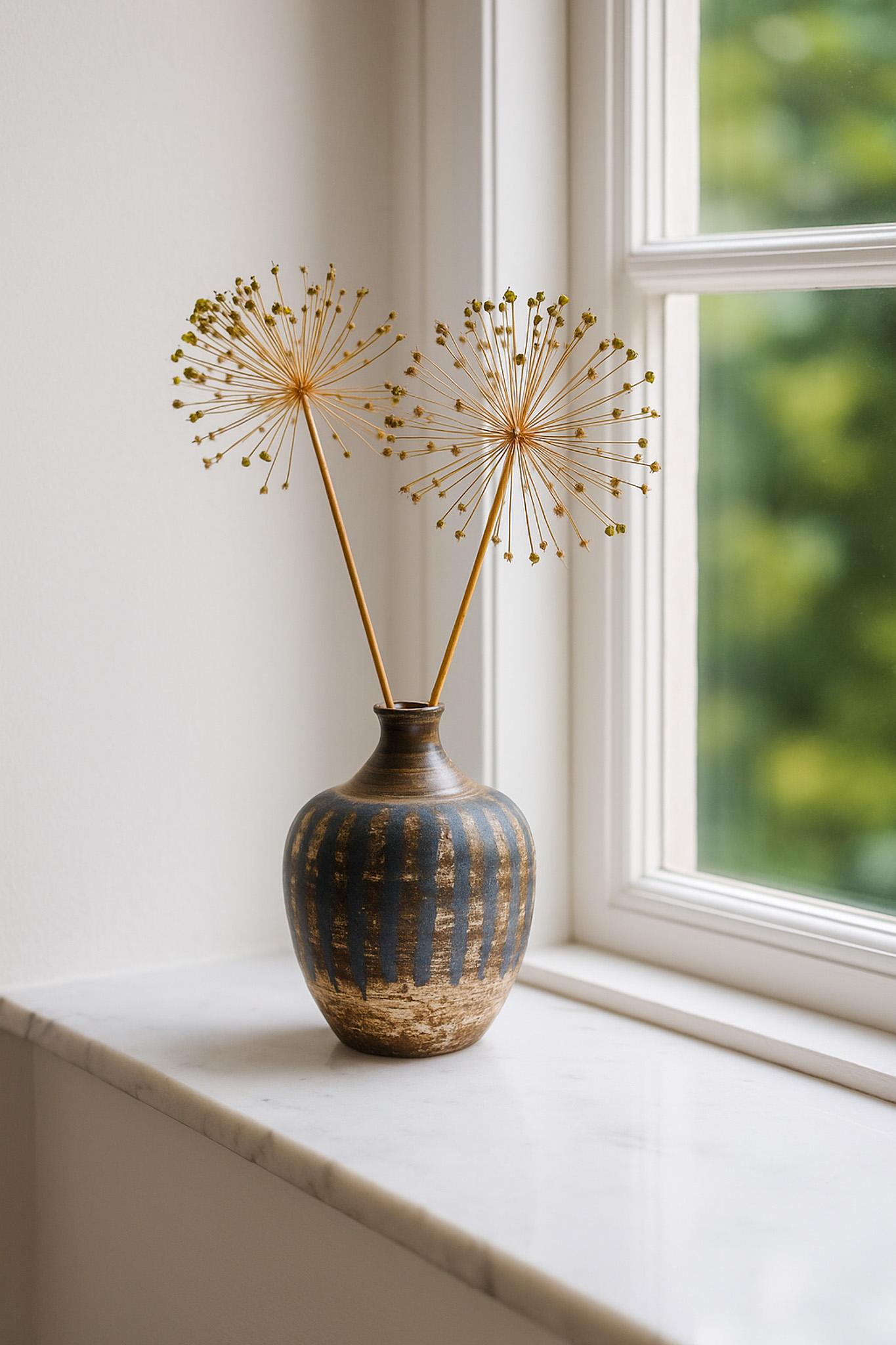 A fantastic vintage handmade brutalist art pottery vase made by the talented and well-known artist Mari Simmulson for equally famous Upsala Ekeby in the 60s. It has a dark brown base with fantastic details in the graphic patterns and will be an