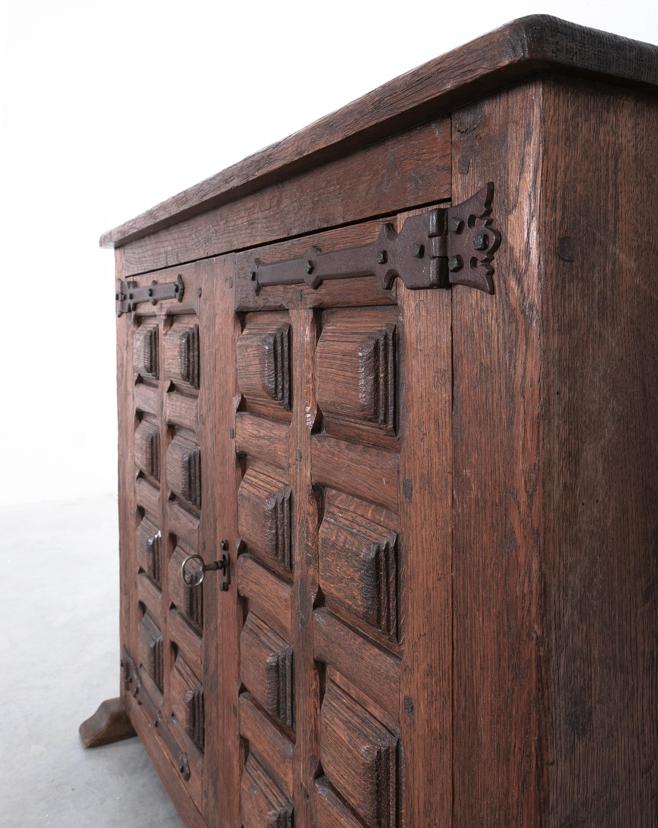 Mid-20th Century Brutalist Artisan Oak Cabinet or Sideboard With Carved Details, 1940 France For Sale