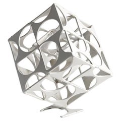 Brutalist Axis Cube Sculpture, Cut Steel, Marc Weinstein