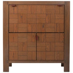 Brutalist Bar Cabinet with Leather Handles in Stained Oak