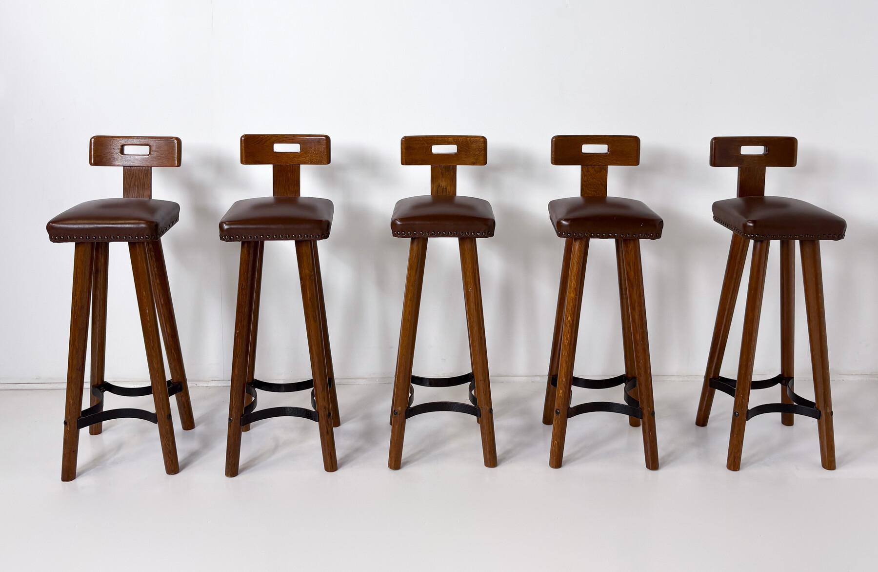 Brutalist Bar Stool, Wood and Leather, 1970s - 5 available 6