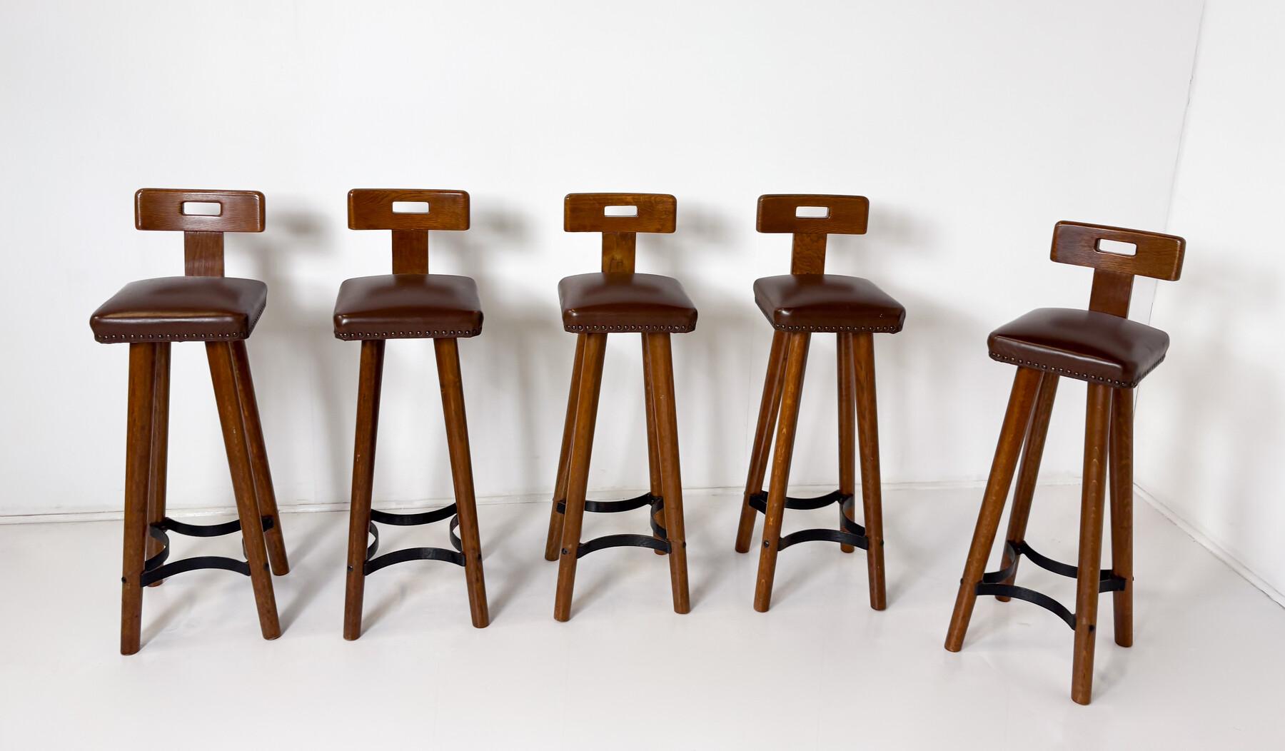 Mid-Century Modern Brutalist Bar Stool, Wood and Leather, 1970s - 5 available