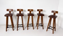Brutalist Bar Stool, Wood and Leather, 1970s - 5 available