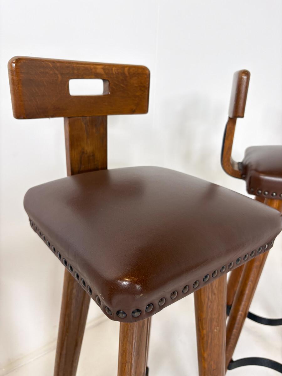 Late 20th Century Brutalist Bar Stool, Wood and Leather, 1970s - 5 available