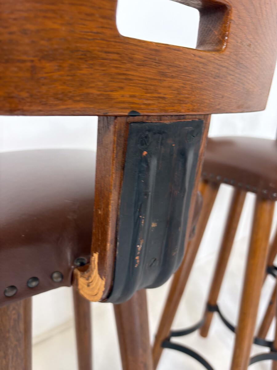 Brutalist Bar Stool, Wood and Leather, 1970s - 5 available 1
