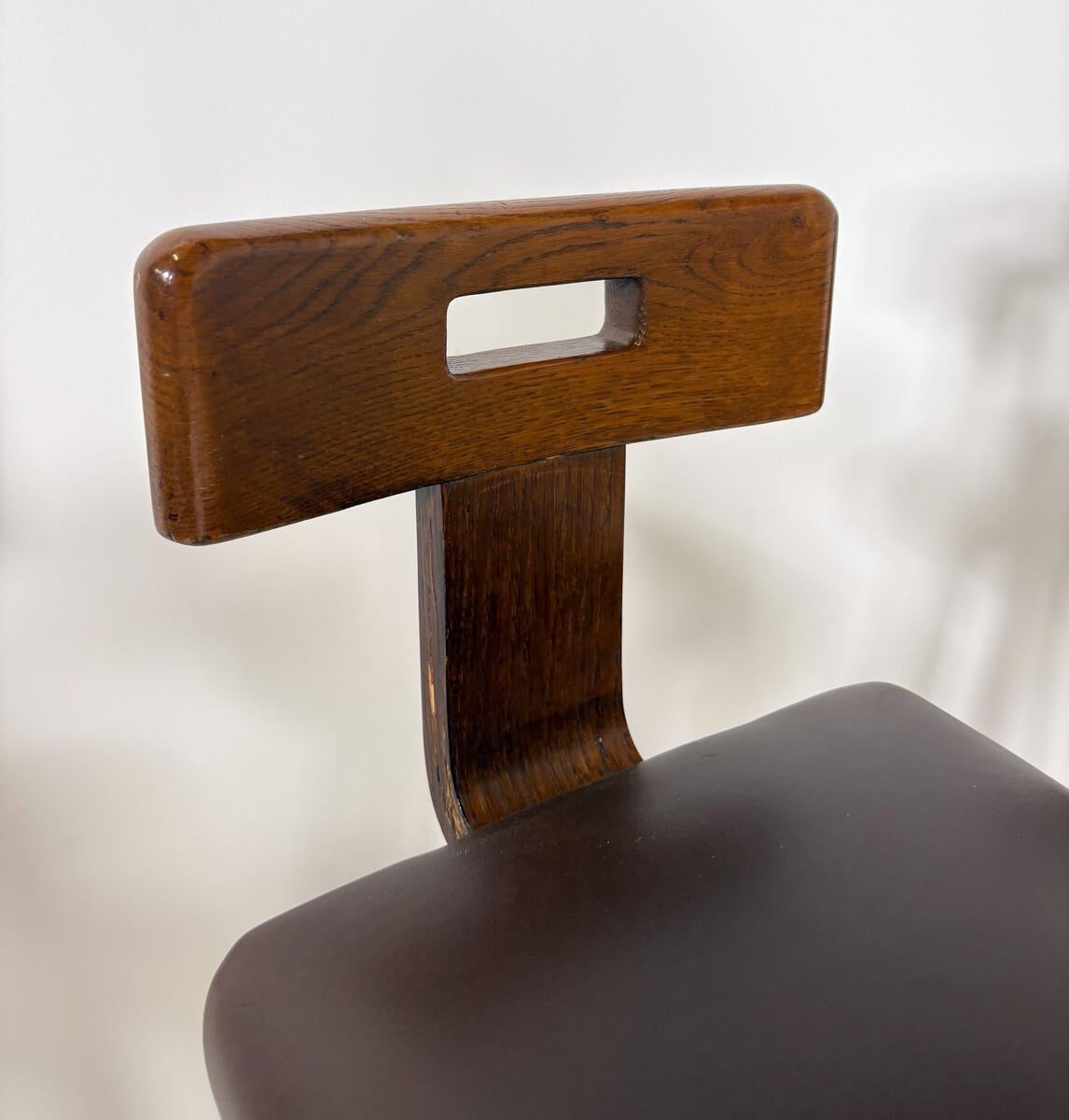 Brutalist Bar Stool, Wood and Leather, 1970s - 5 available 2