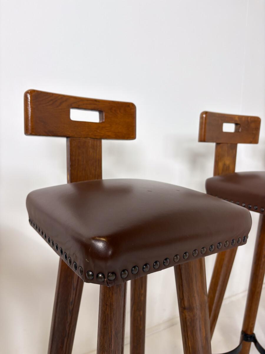 Brutalist Bar Stool, Wood and Leather, 1970s - 5 available 3