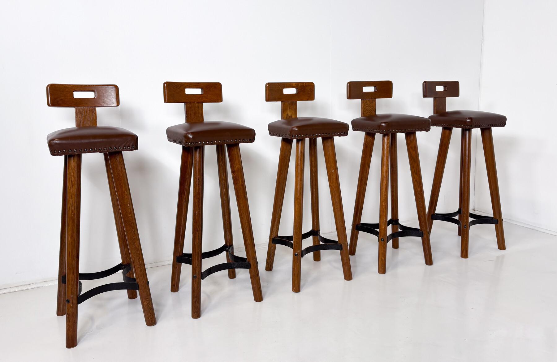 Brutalist Bar Stool, Wood and Leather, 1970s - 5 available 4