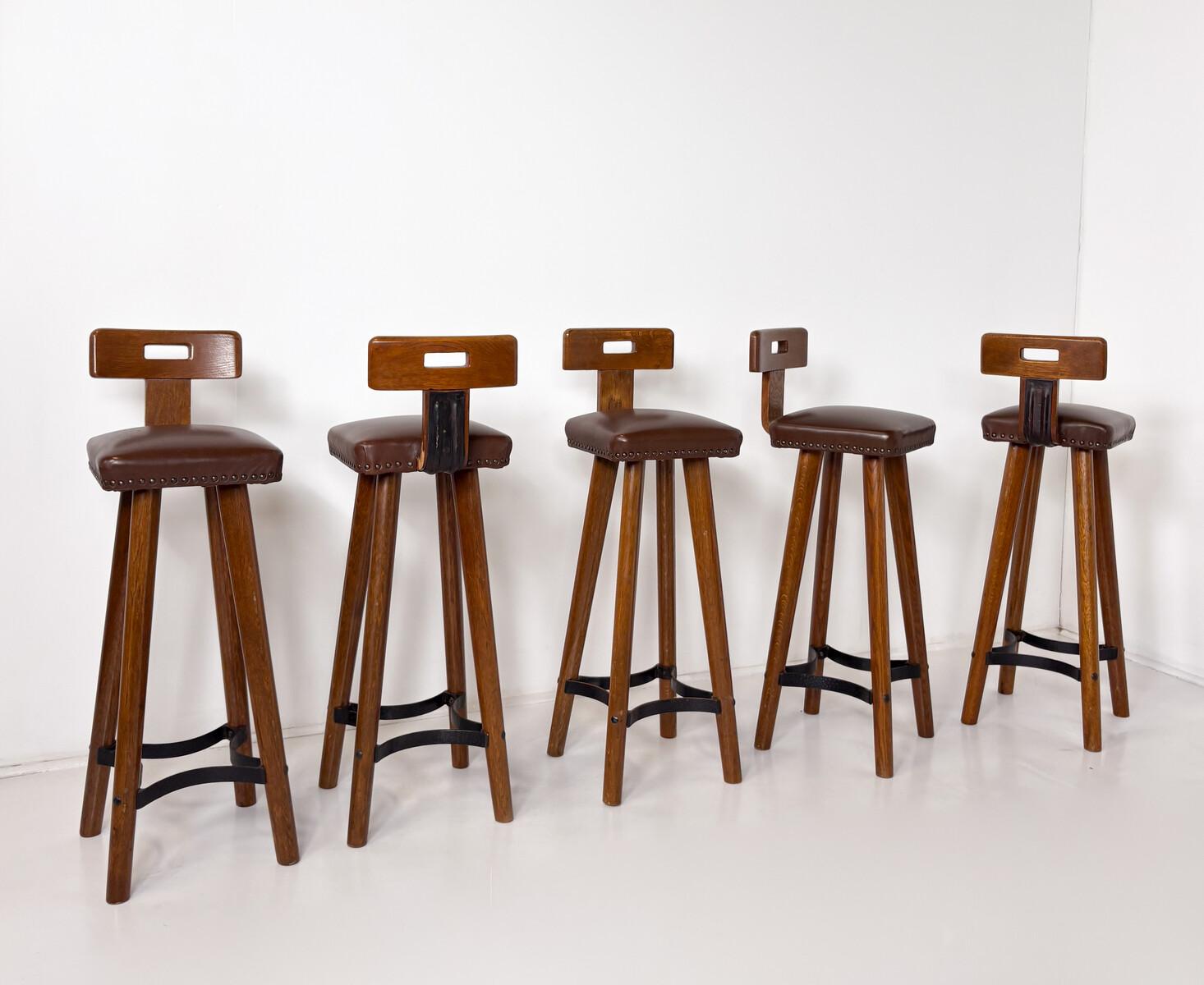 Brutalist Bar Stool, Wood and Leather, 1970s - 5 available 5