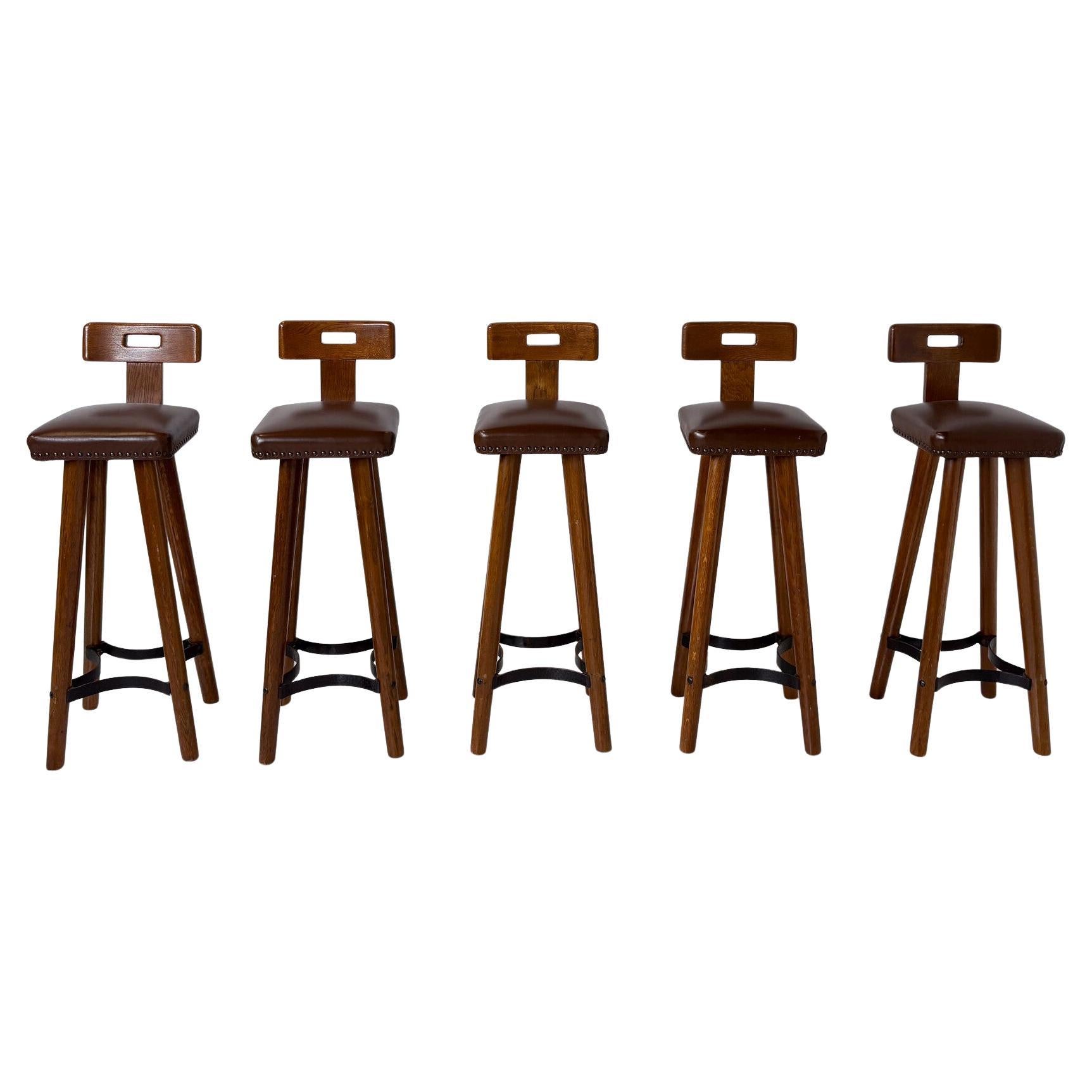 Brutalist Bar Stool, Wood and Leather, 1970s - 5 available
