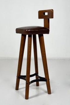 Brutalist Bar Stool, Wood and Leather, 1970s - 7 available
