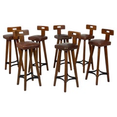 Brutalist Bar Stool, Wood and Leather, 1970s - 7 available