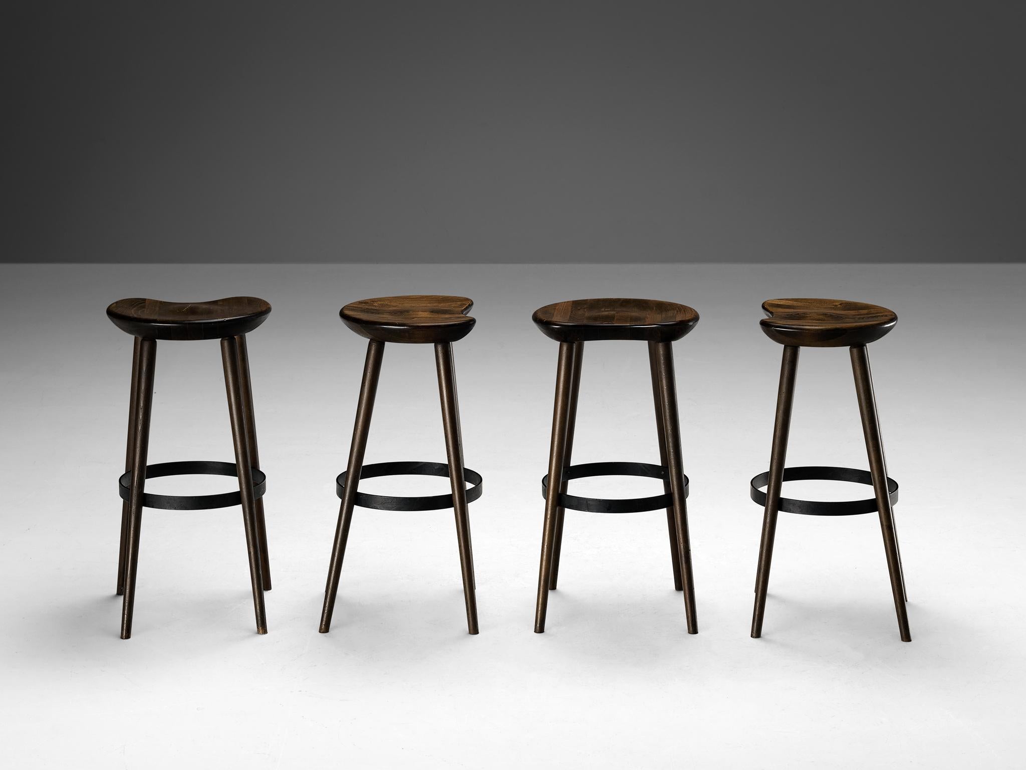 Spanish Brutalist Bar Stools in Darkened Wood and Steel Detailing  For Sale
