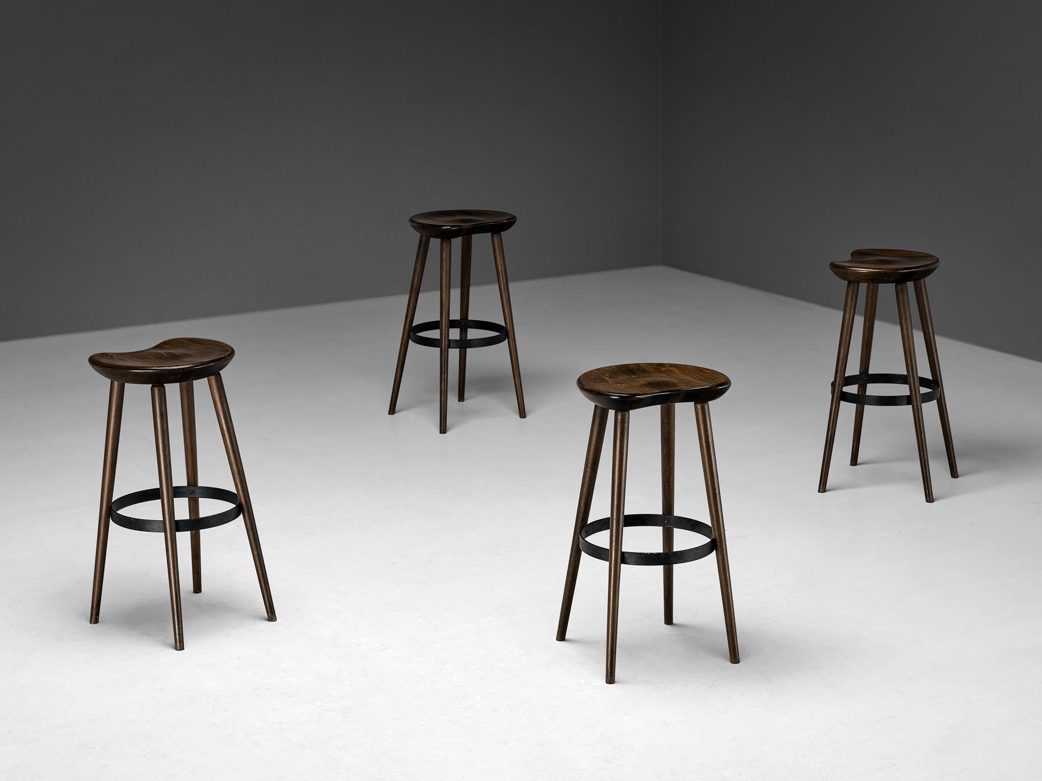 Brutalist Bar Stools in Darkened Wood and Steel Detailing  In Good Condition For Sale In Waalwijk, NL