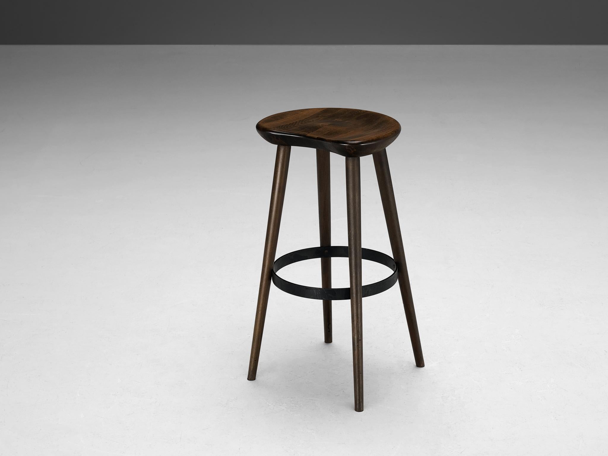 Late 20th Century Brutalist Bar Stools in Darkened Wood and Steel Detailing  For Sale