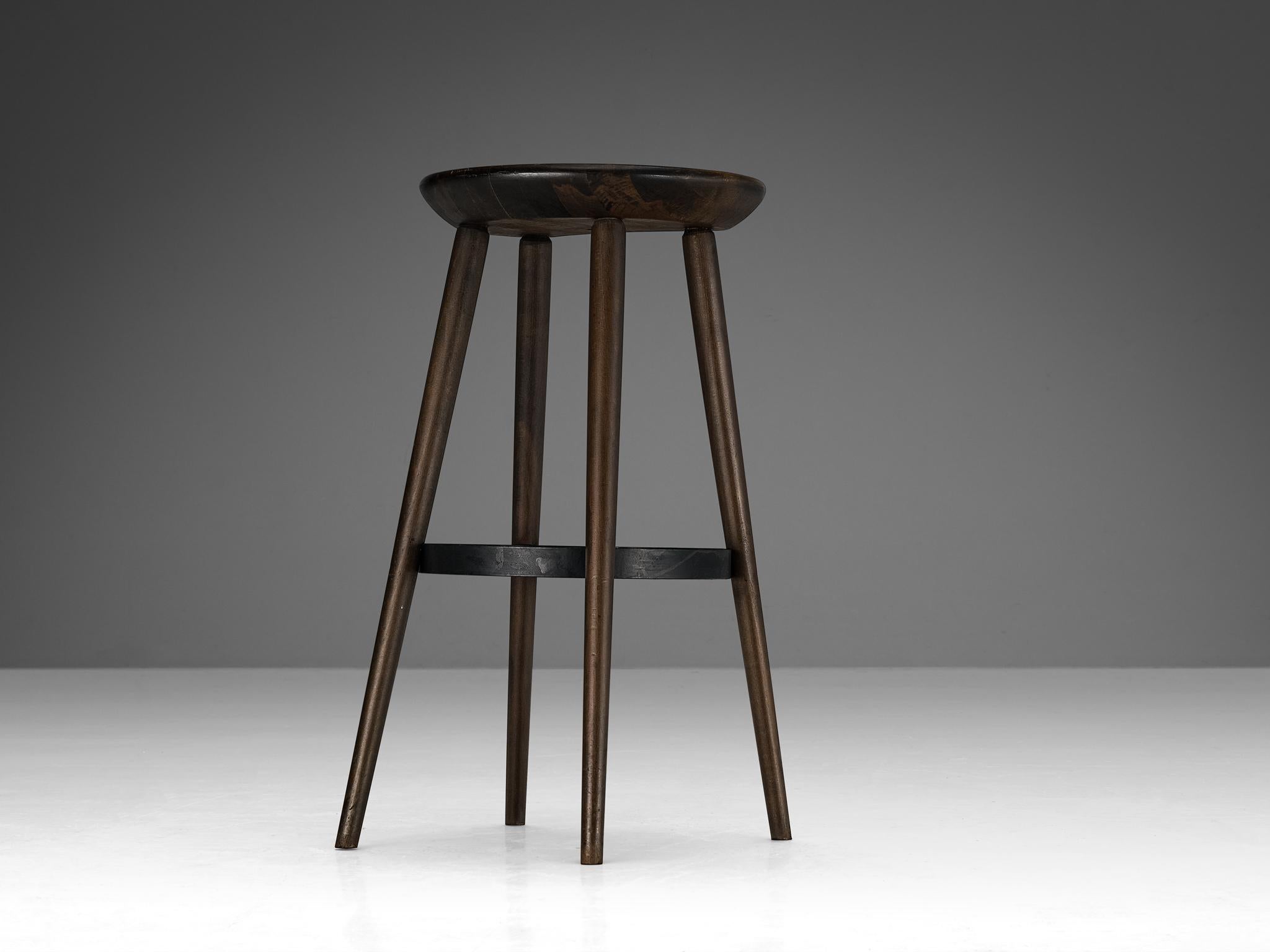 Beech Brutalist Bar Stools in Darkened Wood and Steel Detailing  For Sale