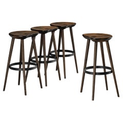 Vintage Brutalist Bar Stools in Darkened Wood and Steel Detailing 