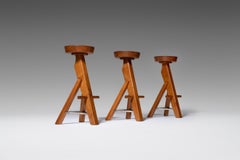 Brutalist Bar Stools in Solid Oak, Set of Three