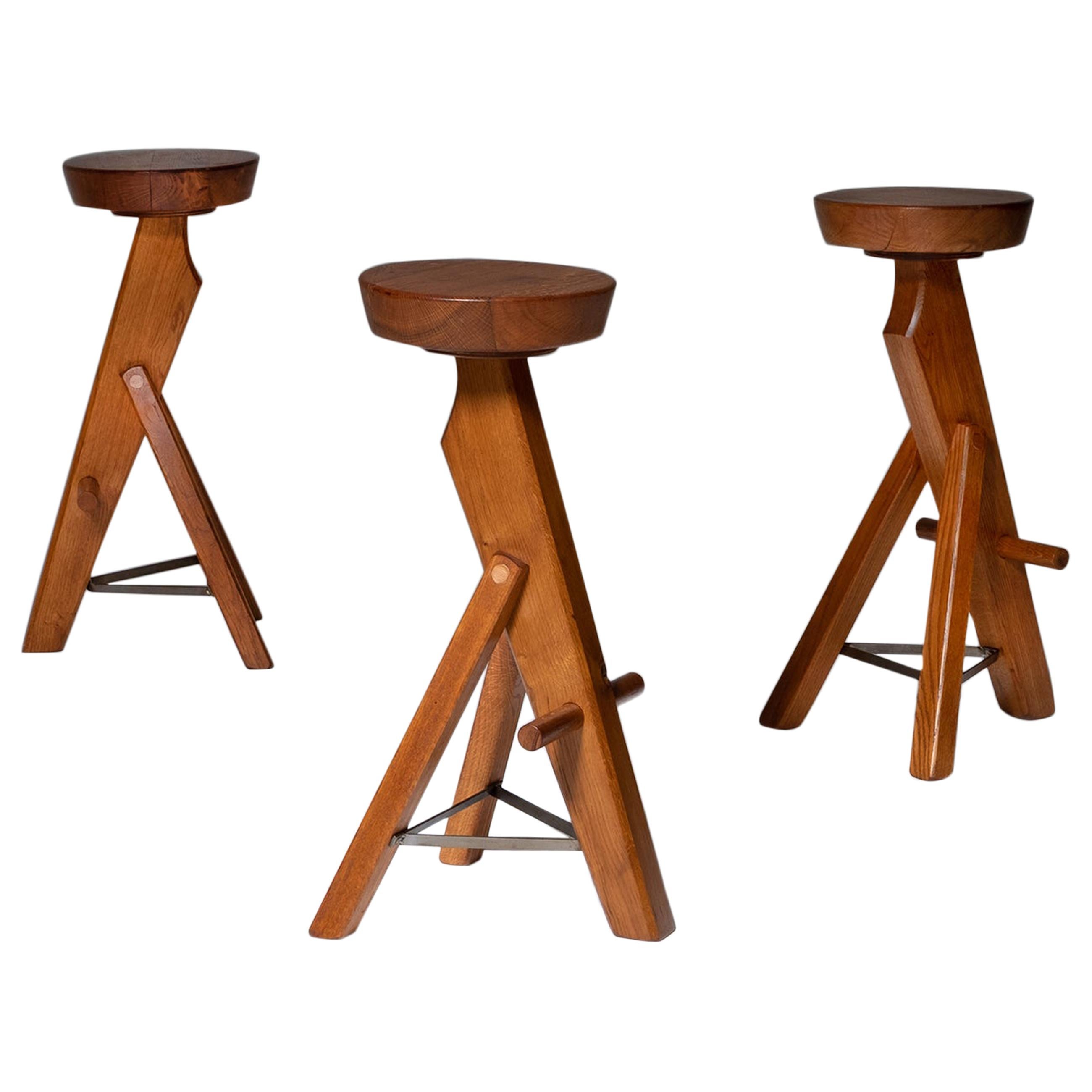 Brutalist Bar Stools in Solid Oak, Set of Three