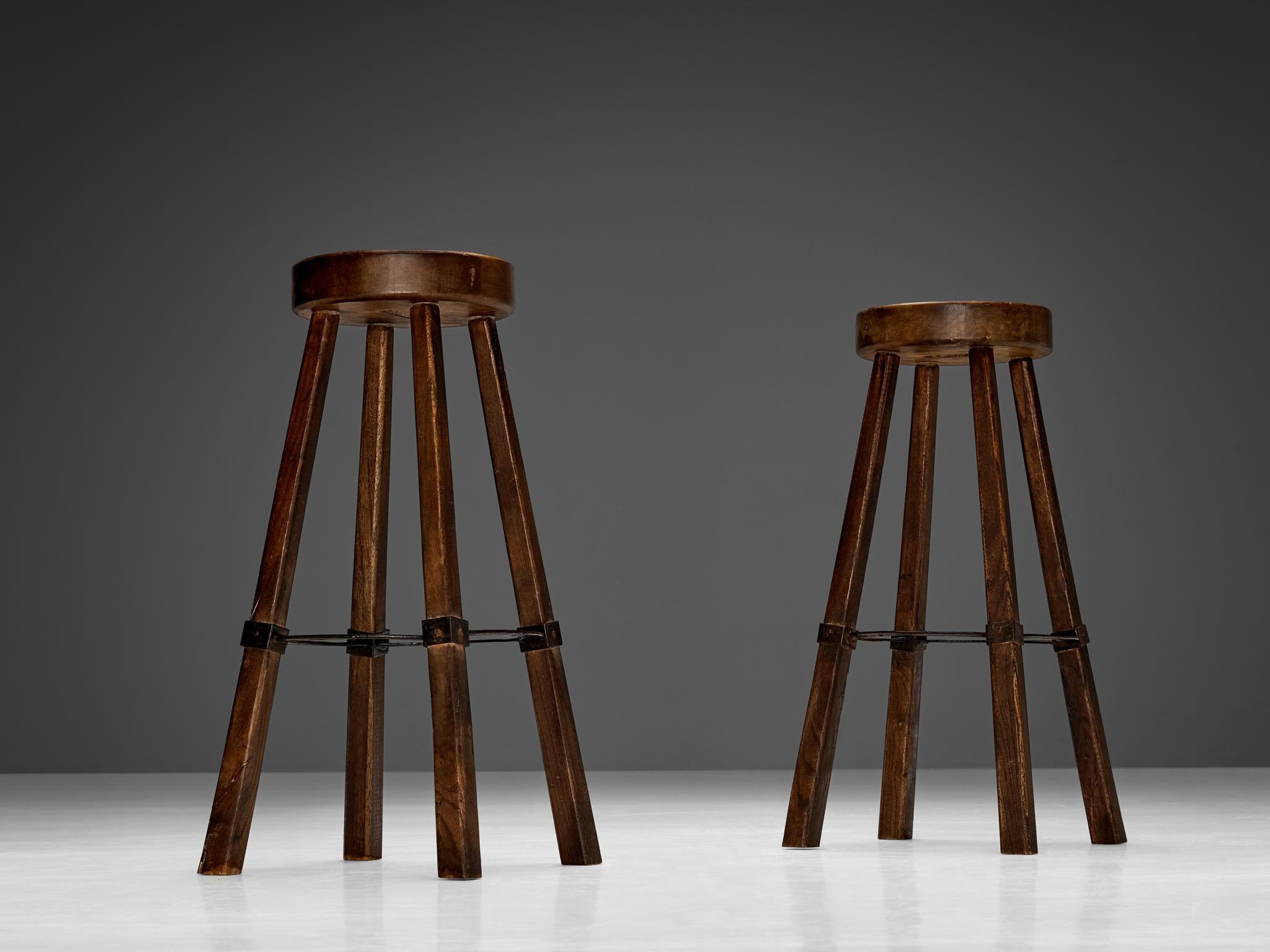 Brutalist Bar Stools in Wood and Steel Detailing  For Sale 5