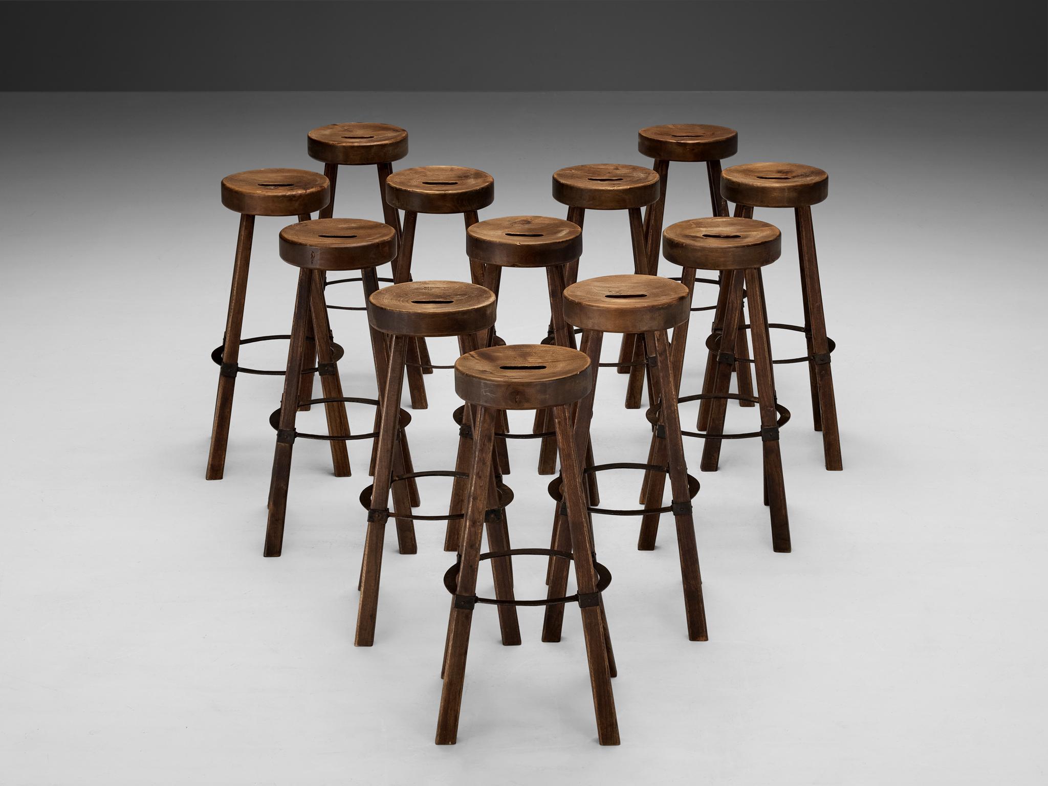 Spanish Brutalist Bar Stools in Wood and Steel Detailing  For Sale