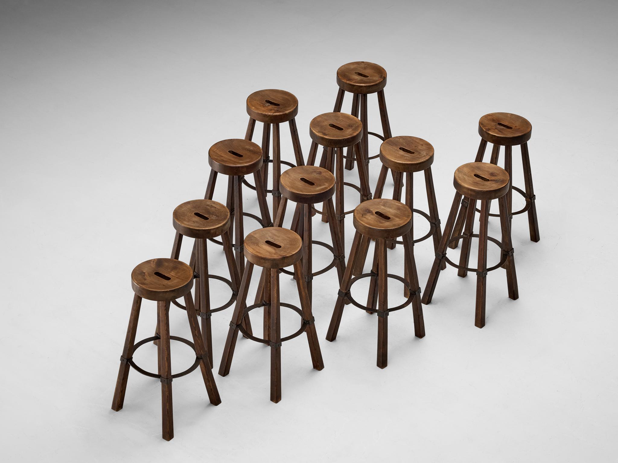 Brutalist Bar Stools in Wood and Steel Detailing  In Good Condition For Sale In Waalwijk, NL
