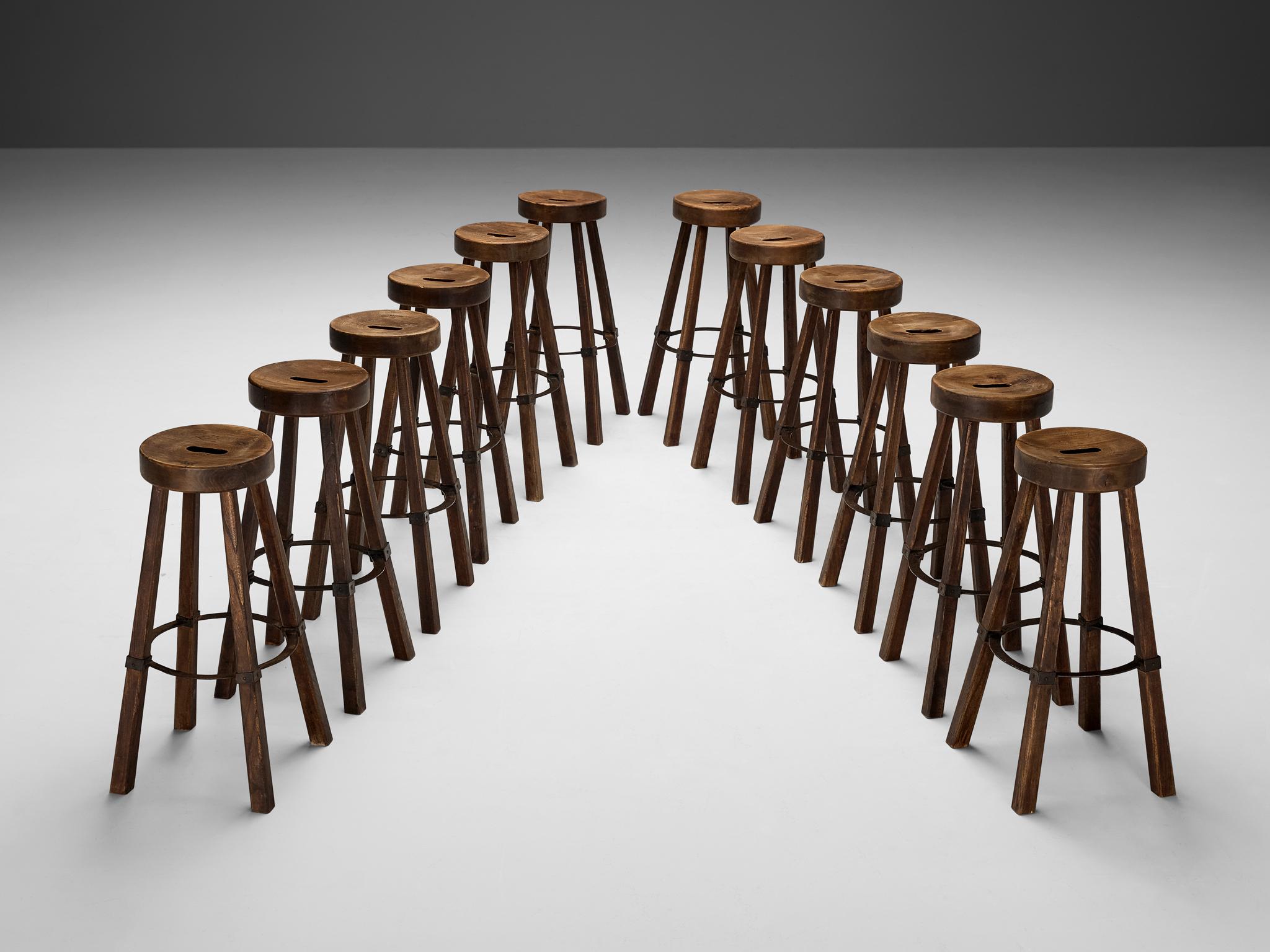 Late 20th Century Brutalist Bar Stools in Wood and Steel Detailing  For Sale