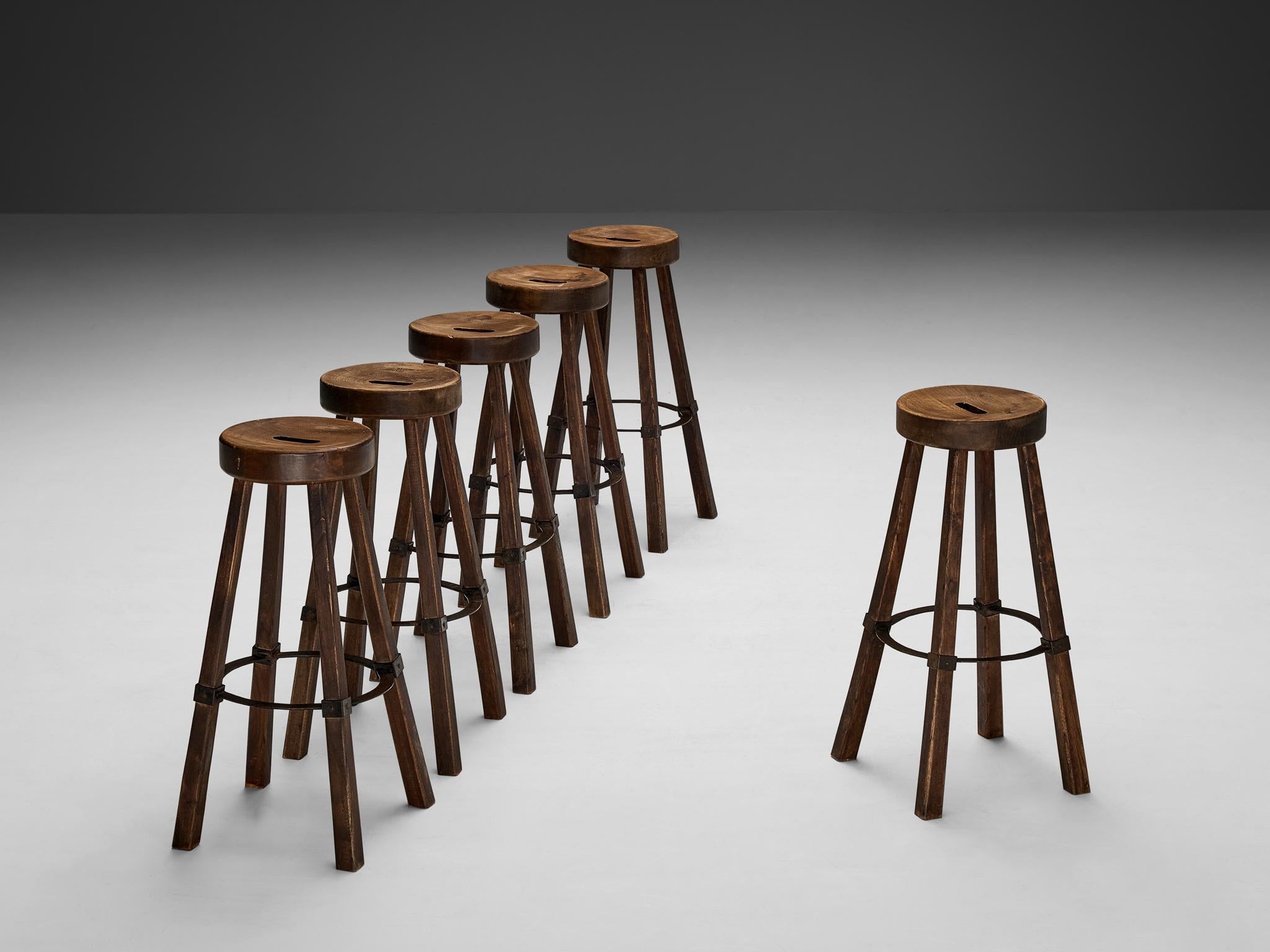 Brutalist Bar Stools in Wood and Steel Detailing  For Sale 1