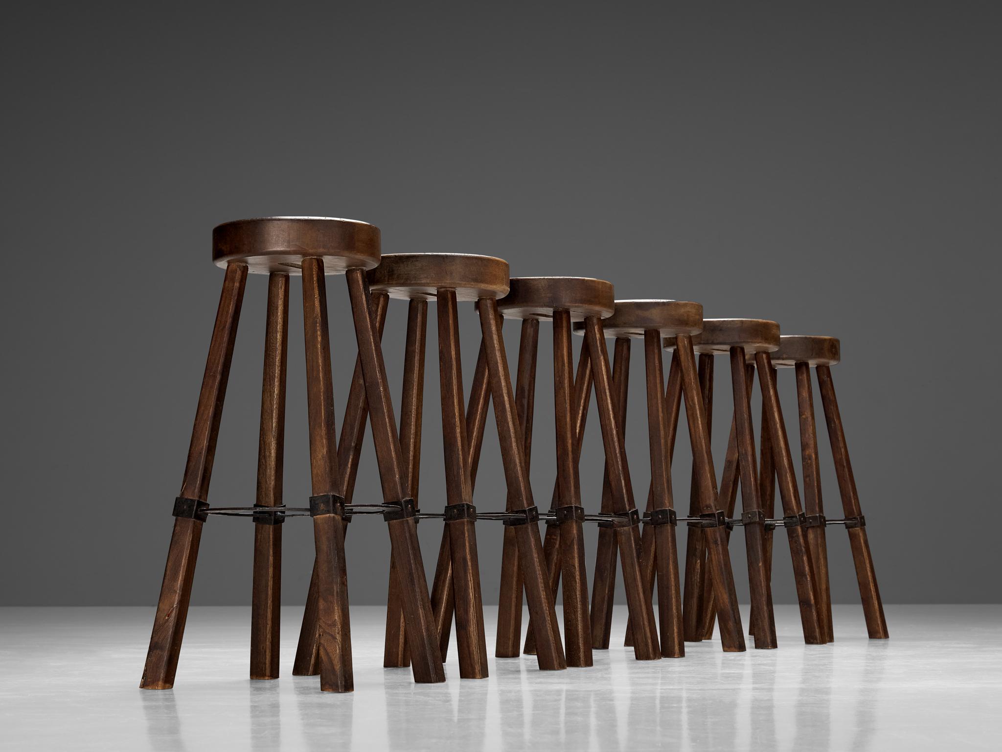 Brutalist Bar Stools in Wood and Steel Detailing  For Sale 2