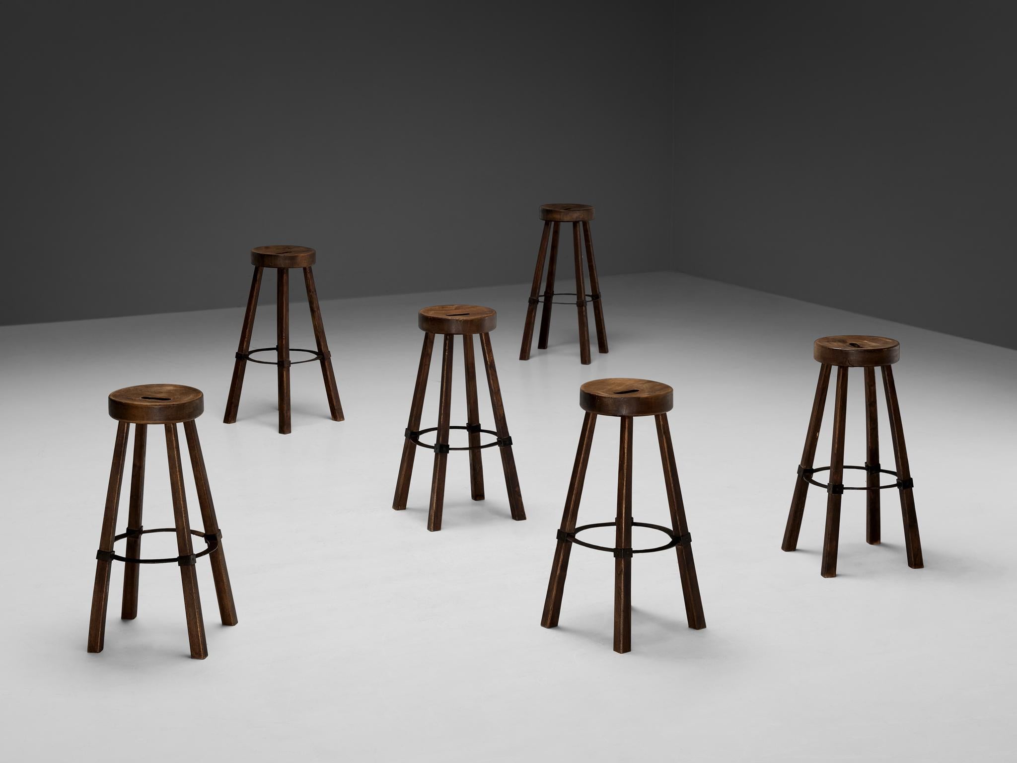 Brutalist Bar Stools in Wood and Steel Detailing  For Sale 3