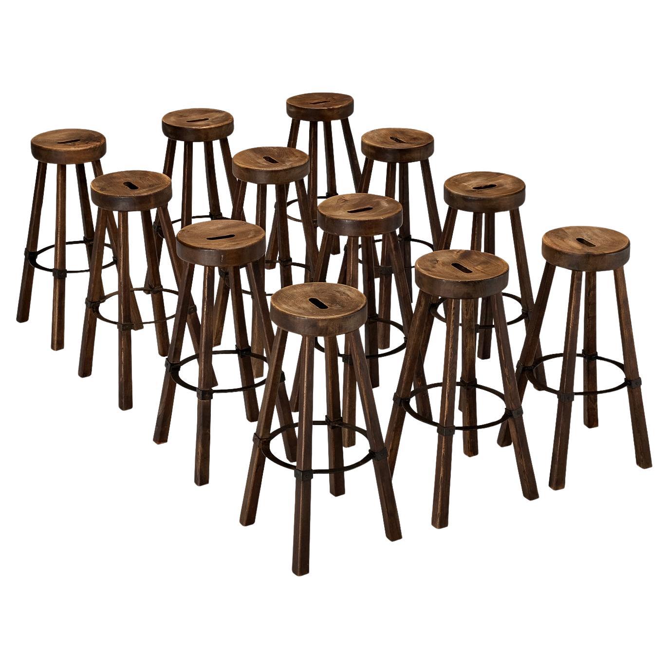 Brutalist Bar Stools in Wood and Steel Detailing  For Sale