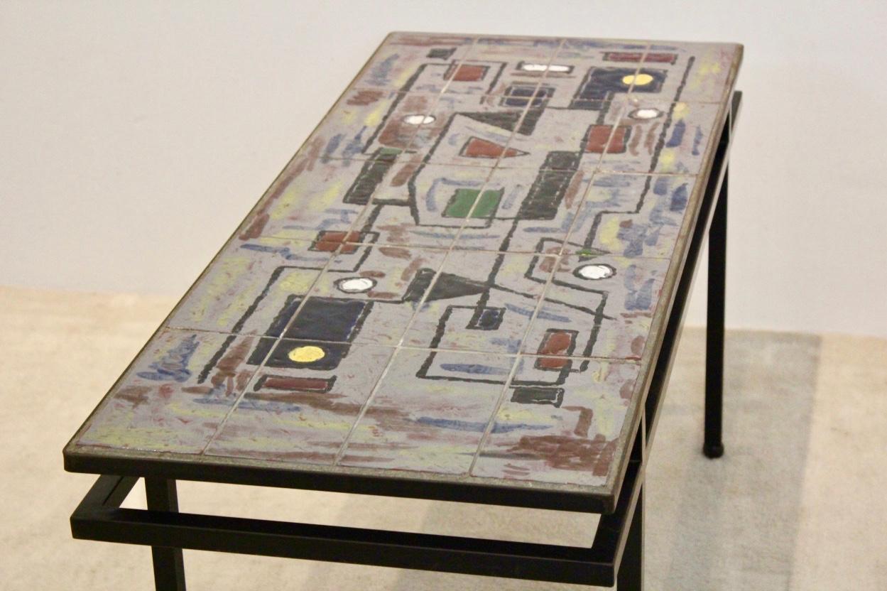 Brutalist Belgian Ceramic and Steel Artwork Coffee Table, 1970s, Signed In Good Condition In Voorburg, NL