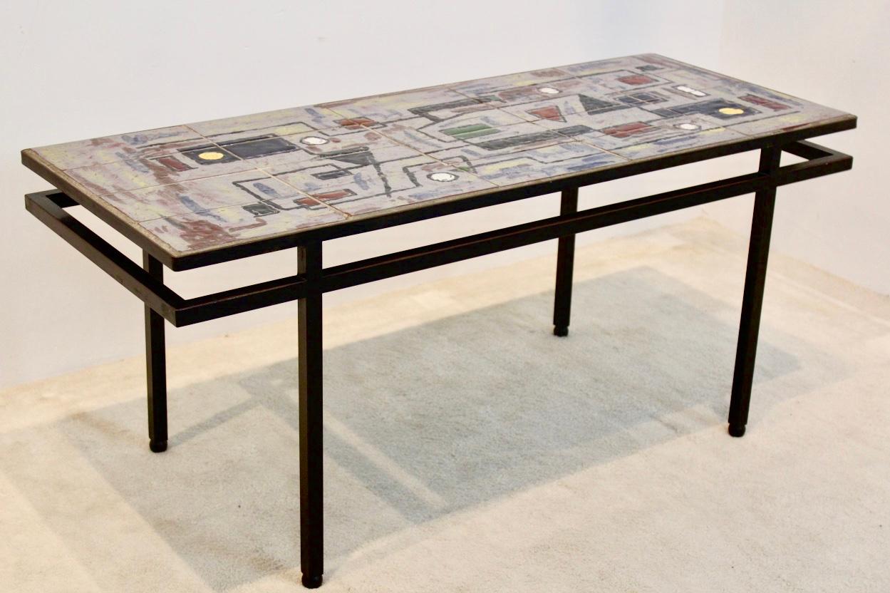 Brutalist Belgian Ceramic and Steel Artwork Coffee Table, 1970s, Signed 1