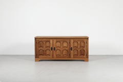 Brutalist Belgian Oak Credenza with Carved Geometric Doors